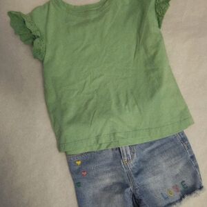 Cat & Jack Green Tee with Lace Sleeves and Cute Denim Shorts